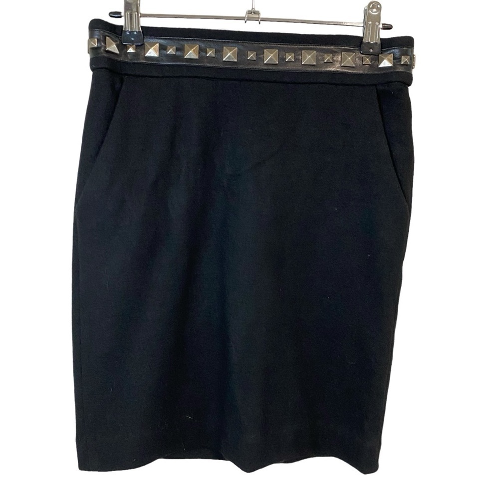 Tori Burch - Black Wool Pencil Skirt - Studded Leather Waistband - XS - Picture 2 of 10